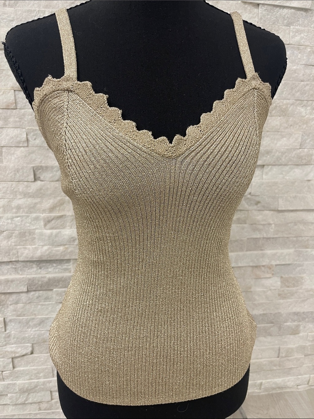 Generation Love Gold Ribbed Scallop-Edge Knit Cami